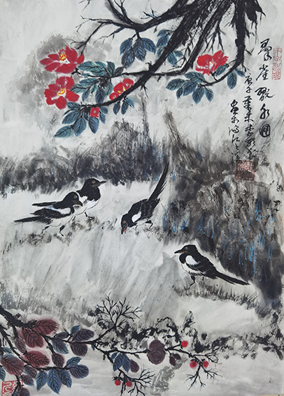 颜才现题 李彩云画《群雀玩水图》 庚子岁末于鸿江之滨